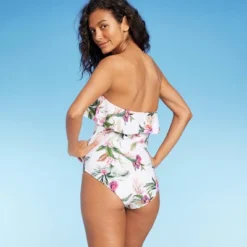 Women's Bandeau Flounce Front Ruched Full Coverage One Piece Swimsuit - Kona Sol⢠Cream