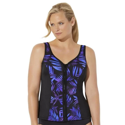 Swimsuits For All Women’s Plus Size Chlorine Resistant Sweetheart Zip Front Tankini Top - Image 4