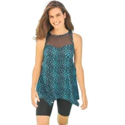 Swim 365 Women’s Plus Size Mesh-Inset Longer Length Tankini Top