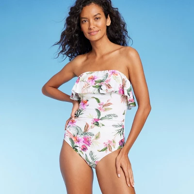 Women's Bandeau Flounce Front Ruched Full Coverage One Piece Swimsuit - Kona Sol™ Cream - Image 6