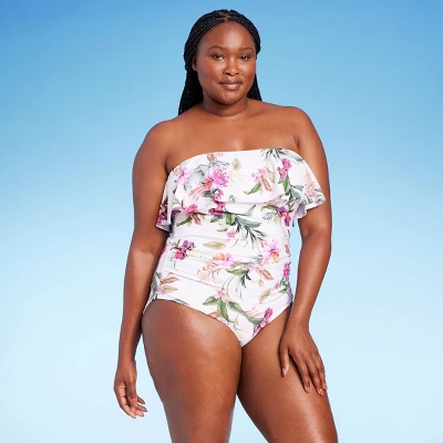 Women's Bandeau Flounce Front Ruched Full Coverage One Piece Swimsuit - Kona Sol™ Cream - Image 2