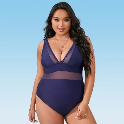 Women's Plus Size V Neck Mesh Sheer One Piece Swimsuit -Cupshe - Image 7