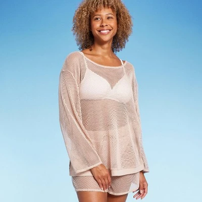 Women's Long Sleeve Crochet Cover Up Sweater - Shade & Shore™ Light Brown - Image 2