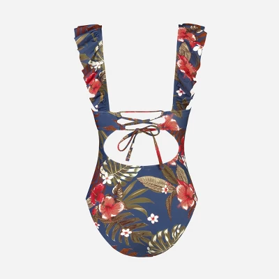 Women's Floral Ruffled Lace Up One Piece Swimsuit - Cupshe - Image 2