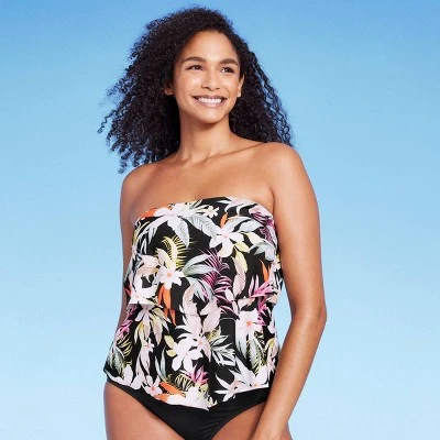 Women's Tropical Print Tiered Bandeau Tankini Top - Kona Sol™ Black - Image 2