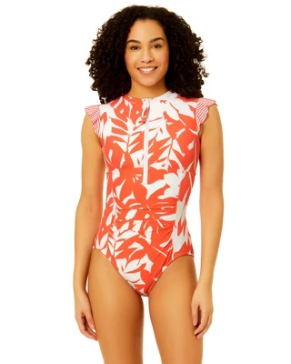 Anne Cole - Women's Flutter Sleeve Zip Up Rash Guard One Piece Swimsuit Coastal Palms - Image 4