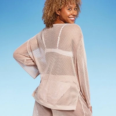 Women's Long Sleeve Crochet Cover Up Sweater - Shade & Shore™ Light Brown - Image 3