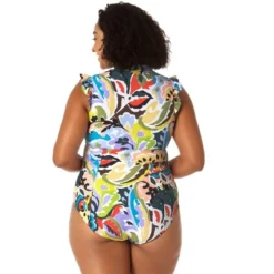 Anne Cole Plus - Women's Flutter Sleeve Zip Up Rash Guard One Piece Swimsuit