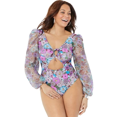 Swimsuits For All Women’s Plus Size Cup Sized Chiffon Sleeve One Piece Swimsuit - Image 3
