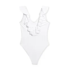 Liberty & Justice Women's High Leg Cheeky With Ruffle Neckline One Piece Swimsuit - White