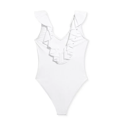 Liberty & Justice Women's High Leg Cheeky With Ruffle Neckline One Piece Swimsuit - White