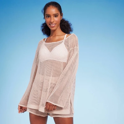 Women's Long Sleeve Crochet Cover Up Sweater - Shade & Shore™ Light Brown - Image 4