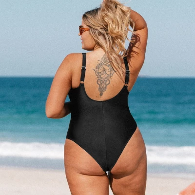 Women's Plus Size V Neck Mesh Sheer One Piece Swimsuit -Cupshe - Image 3