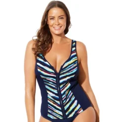 Swimsuits For All Women’s Plus Size Chlorine Resistant Sweetheart Zip Front Tankini Top